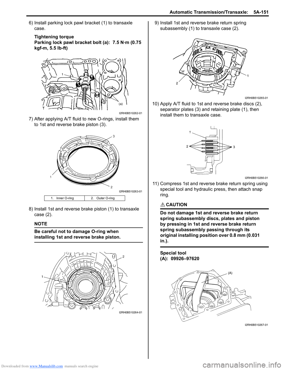 SUZUKI SWIFT 2007 2.G Service Manual Online Downloaded from www.Manualslib.com manuals search engine Automatic Transmission/Transaxle: 5A-151
6) Install parking lock pawl bracket (1) to transaxle
case.
Tightening torque
Parking lock pawl brac SUZUKI SWIFT 2007 2.G Service Manual Online Downloaded from www.Manualslib.com manuals search engine Automatic Transmission/Transaxle: 5A-151
6) Install parking lock pawl bracket (1) to transaxle
case.
Tightening torque
Parking lock pawl brac