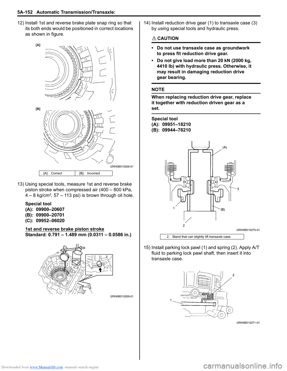 SUZUKI SWIFT 2008 2.G Service Workshop Manual Downloaded from www.Manualslib.com manuals search engine 5A-152 Automatic Transmission/Transaxle: 
12) Install 1st and reverse brake plate snap ring so that its both ends would be positioned in correc
