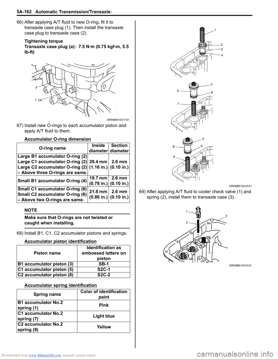 SUZUKI SWIFT 2006 2.G Service Workshop Manual Downloaded from www.Manualslib.com manuals search engine 5A-162 Automatic Transmission/Transaxle: 
66) After applying A/T fluid to new O-ring, fit it to transaxle case plug (1).  Then install the tran