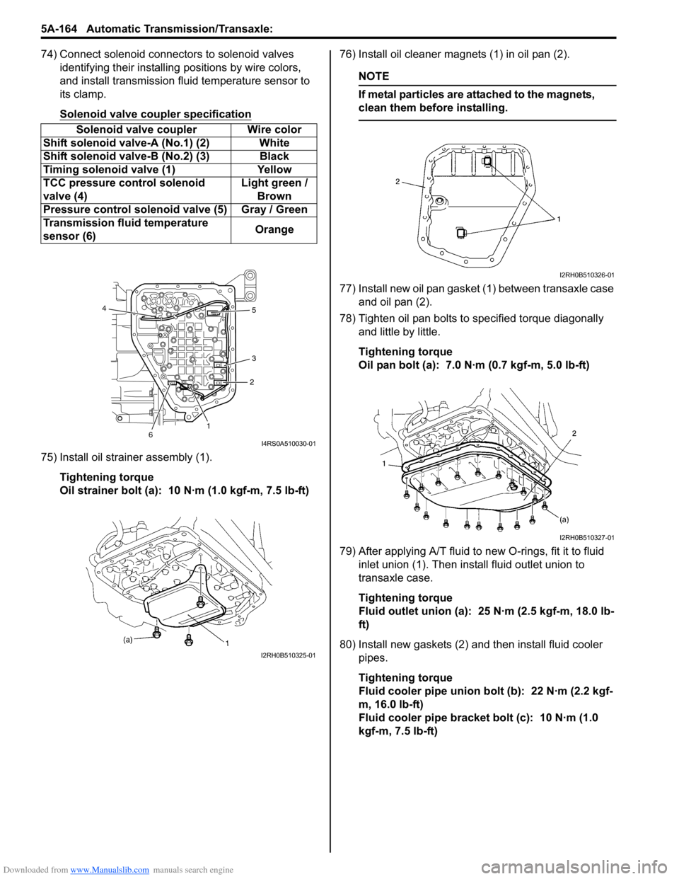 SUZUKI SWIFT 2007 2.G Service Manual PDF Downloaded from www.Manualslib.com manuals search engine 5A-164 Automatic Transmission/Transaxle: 
74) Connect solenoid connectors to solenoid valves identifying their installing  positions by wire co
