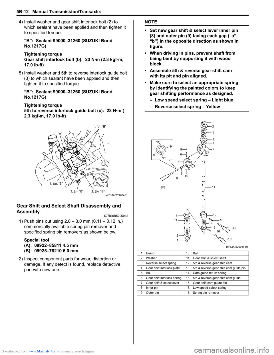 SUZUKI SWIFT 2005 2.G Service Workshop Manual Downloaded from www.Manualslib.com manuals search engine 5B-12 Manual Transmission/Transaxle: 
4) Install washer and gear shift interlock bolt (2) to which sealant have been app lied and then tighten 