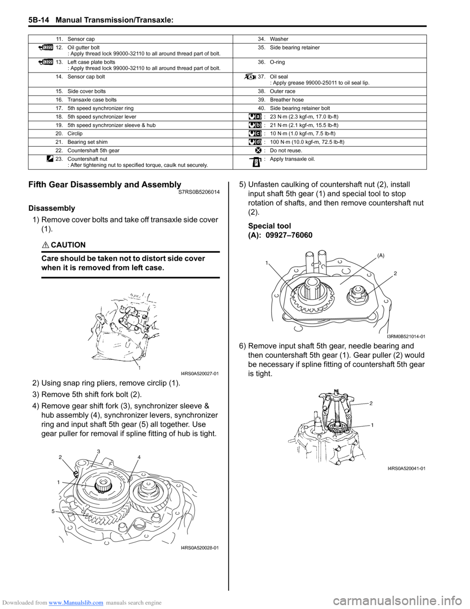SUZUKI SWIFT 2006 2.G Service Workshop Manual Downloaded from www.Manualslib.com manuals search engine 5B-14 Manual Transmission/Transaxle: 
Fifth Gear Disassembly and AssemblyS7RS0B5206014
Disassembly1) Remove cover bolts and take off transaxle 