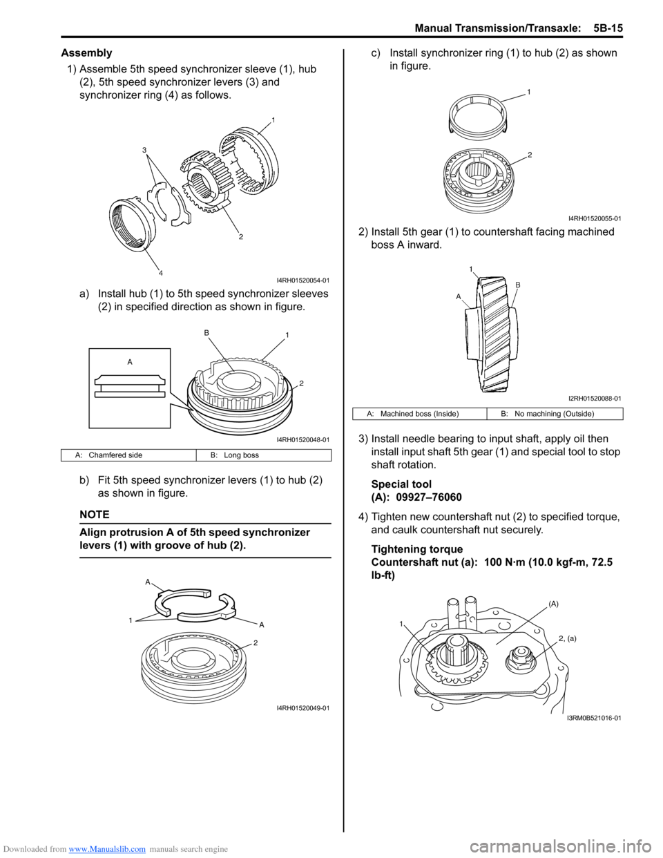 SUZUKI SWIFT 2006 2.G Service Workshop Manual Downloaded from www.Manualslib.com manuals search engine Manual Transmission/Transaxle:  5B-15
Assembly1) Assemble 5th speed synchronizer sleeve (1), hub  (2), 5th speed synchronizer levers (3) and 
s
