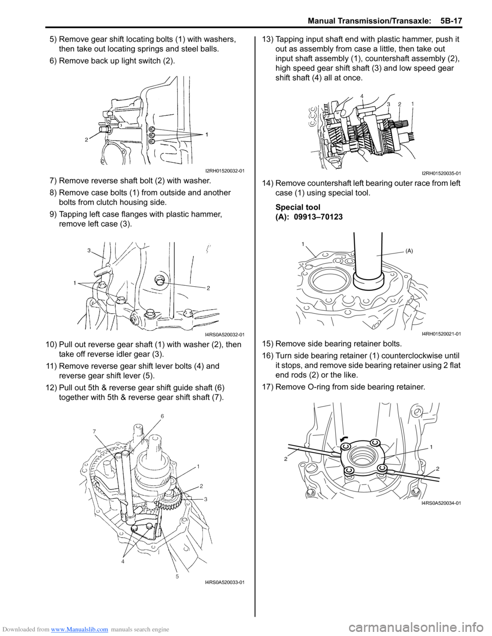 SUZUKI SWIFT 2008 2.G Service Service Manual Downloaded from www.Manualslib.com manuals search engine Manual Transmission/Transaxle:  5B-17
5) Remove gear shift locating bolts (1) with washers, 
then take out locating springs and steel balls.
6)