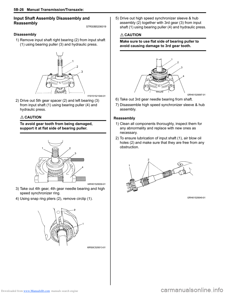 SUZUKI SWIFT 2006 2.G Service Workshop Manual Downloaded from www.Manualslib.com manuals search engine 5B-26 Manual Transmission/Transaxle: 
Input Shaft Assembly Disassembly and 
Reassembly
S7RS0B5206019
Disassembly1) Remove input shaft right bea