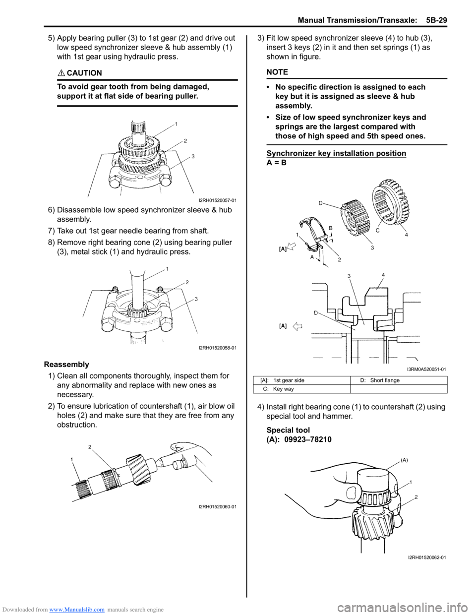 SUZUKI SWIFT 2006 2.G Service Workshop Manual Downloaded from www.Manualslib.com manuals search engine Manual Transmission/Transaxle:  5B-29
5) Apply bearing puller (3) to 1st gear (2) and drive out low speed synchronizer sleeve & hub assembly (1