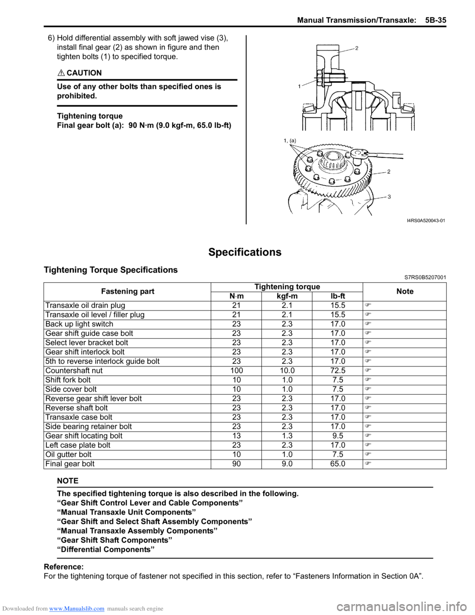 SUZUKI SWIFT 2006 2.G Service Owners Guide Downloaded from www.Manualslib.com manuals search engine Manual Transmission/Transaxle:  5B-35
6) Hold differential assembly with soft jawed vise (3), 
install final gear (2) as shown in figure and th