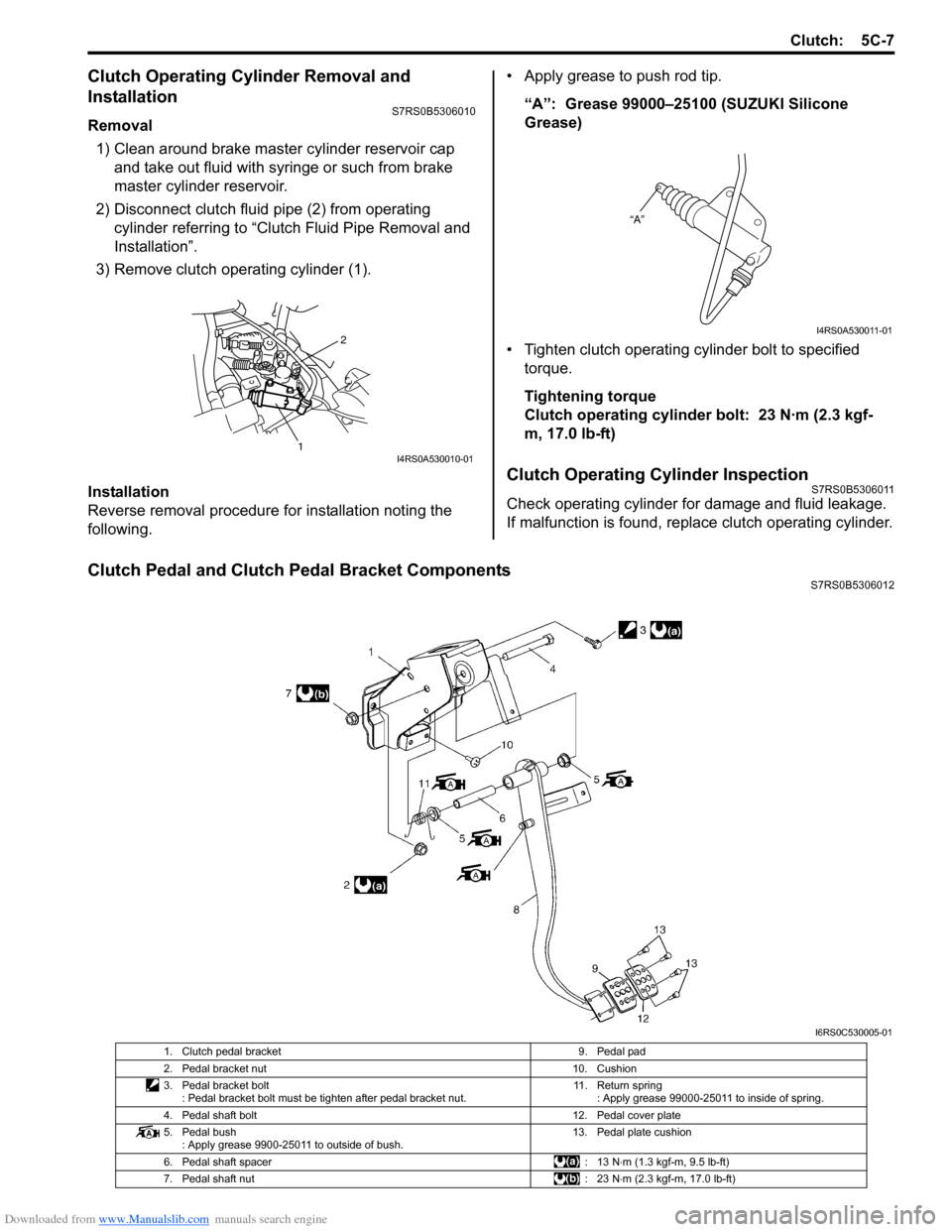 SUZUKI SWIFT 2007 2.G Service Workshop Manual Downloaded from www.Manualslib.com manuals search engine Clutch: 5C-7
Clutch Operating Cylinder Removal and 
Installation
S7RS0B5306010
Removal1) Clean around brake master cylinder reservoir cap  and 