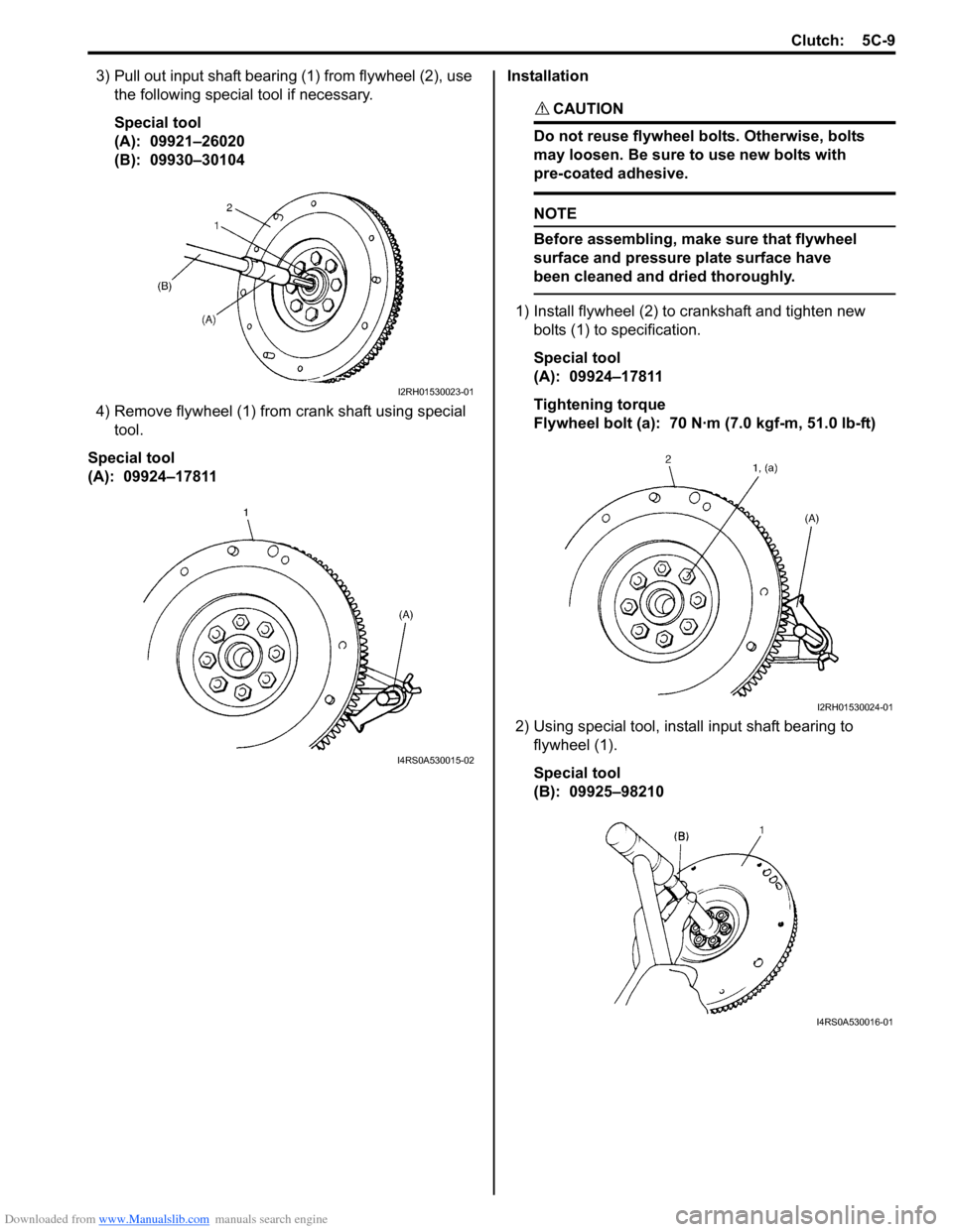 SUZUKI SWIFT 2006 2.G Service Workshop Manual Downloaded from www.Manualslib.com manuals search engine Clutch: 5C-9
3) Pull out input shaft bearing (1) from flywheel (2), use the following special tool if necessary.
Special tool
(A):  09921–260