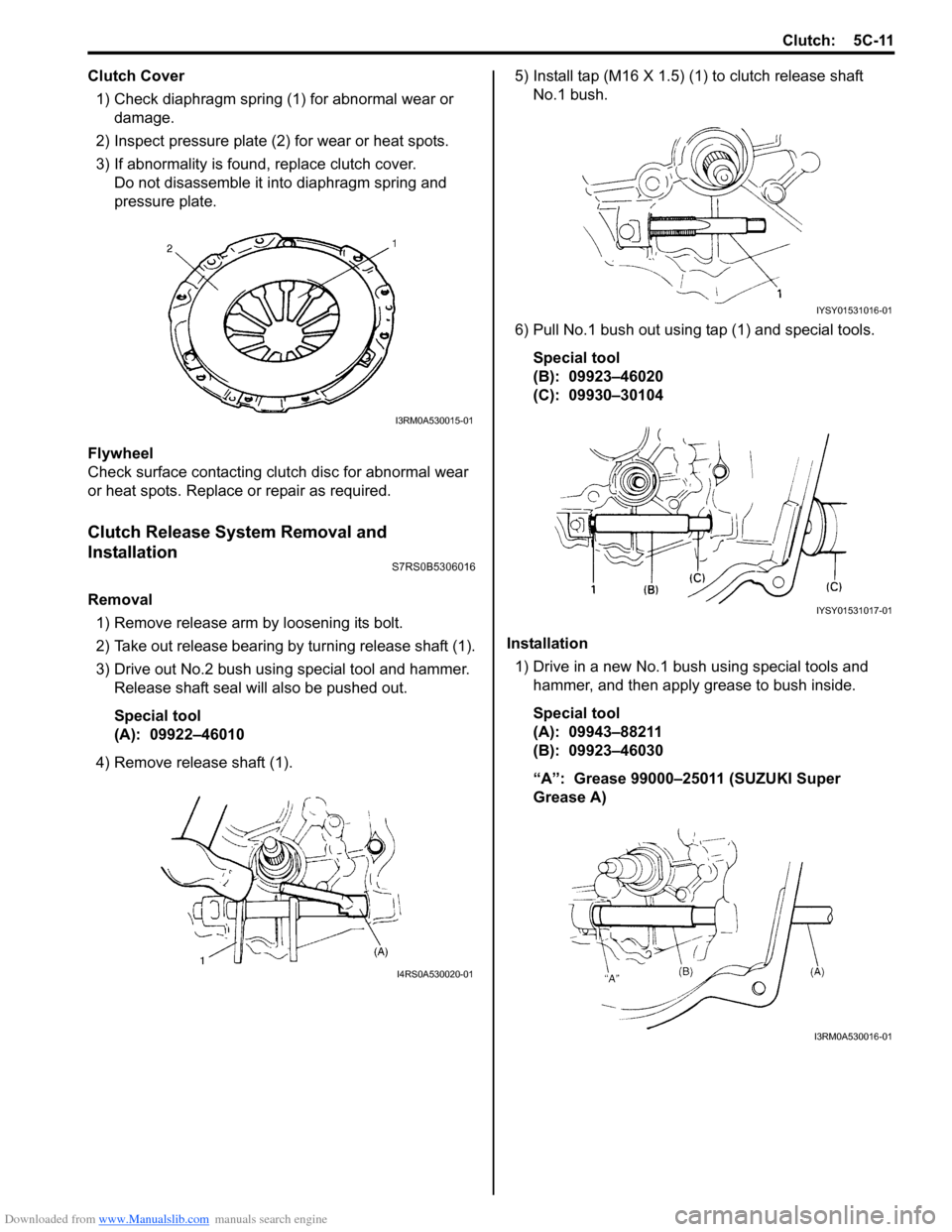 SUZUKI SWIFT 2007 2.G Service User Guide Downloaded from www.Manualslib.com manuals search engine Clutch: 5C-11
Clutch Cover1) Check diaphragm spring (1) for abnormal wear or  damage.
2) Inspect pressure plate (2) for wear or heat spots.
3) 