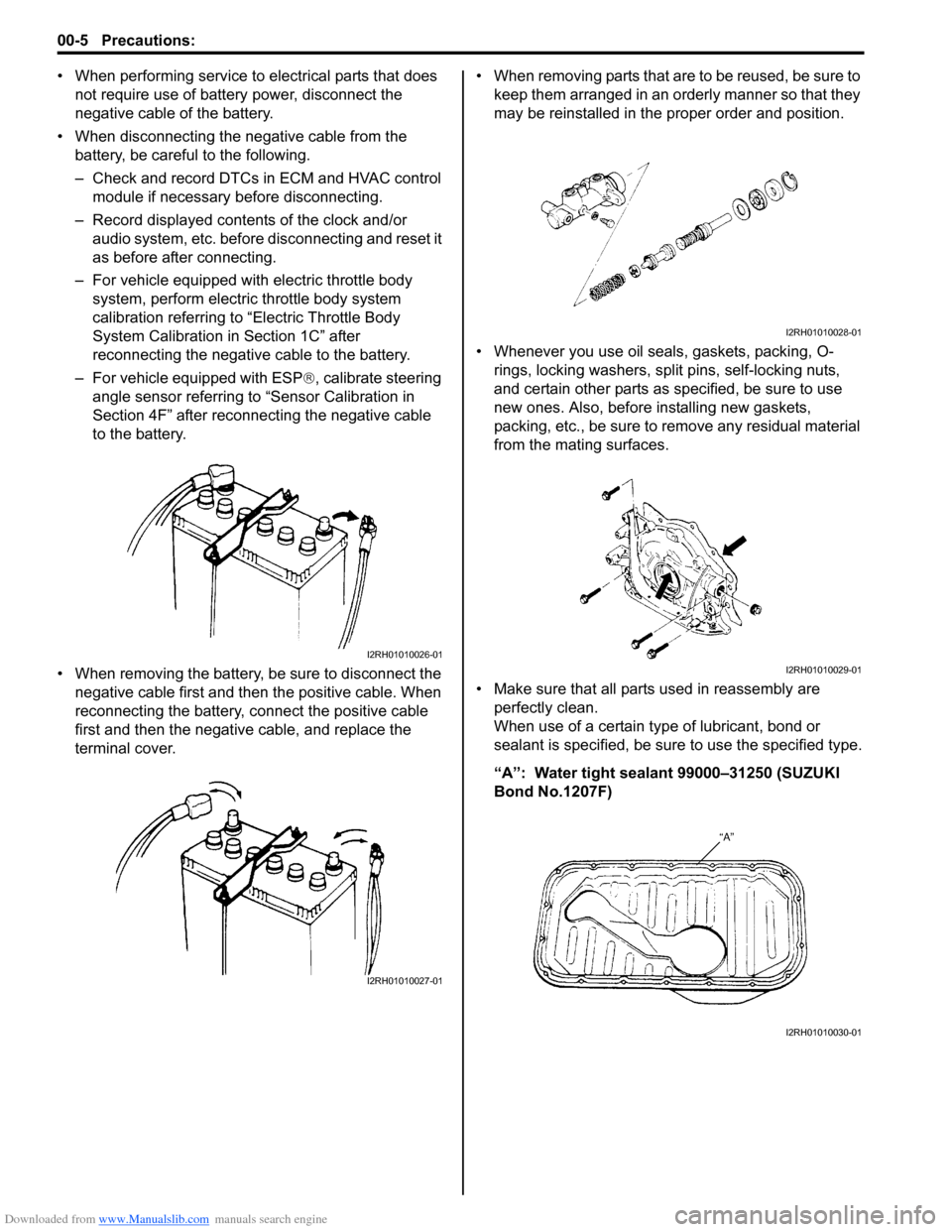 SUZUKI SWIFT 2005 2.G Service Workshop Manual Downloaded from www.Manualslib.com manuals search engine 00-5 Precautions: 
• When performing service to electrical parts that does not require use of battery power, disconnect the 
negative cable o