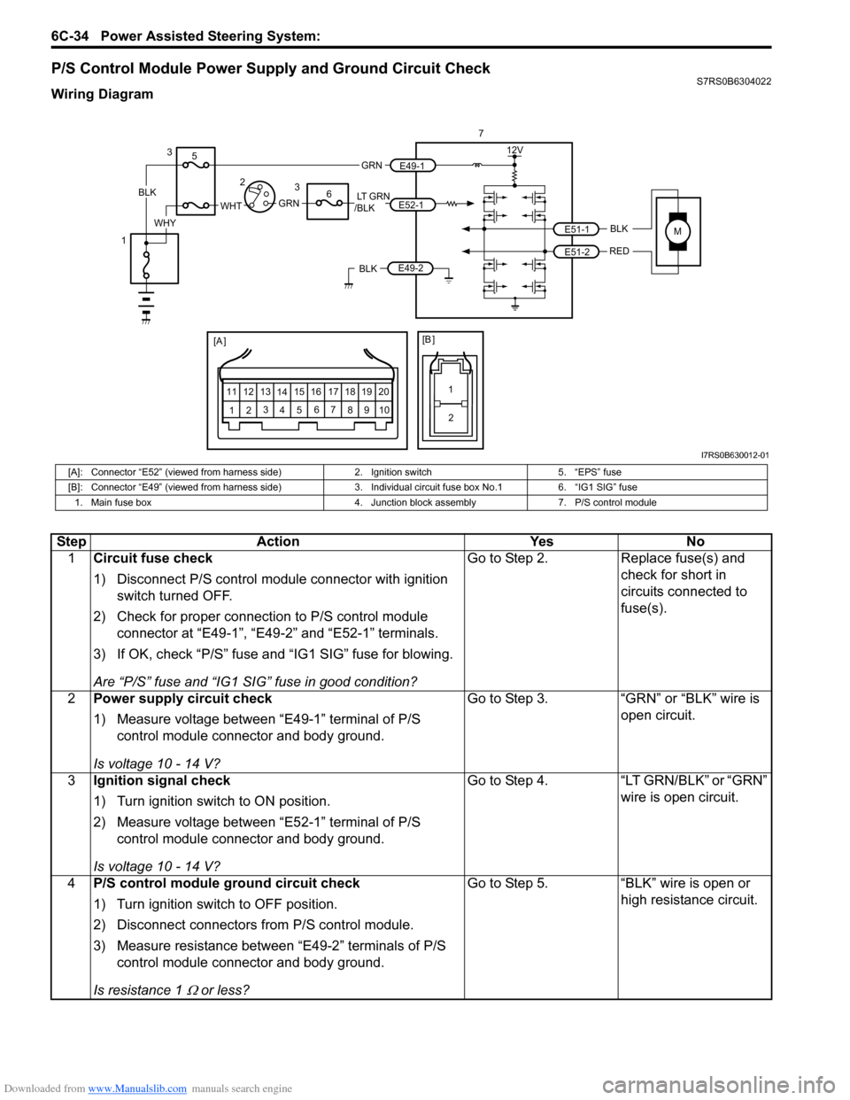 SUZUKI SWIFT 2007 2.G Service Manual PDF Downloaded from www.Manualslib.com manuals search engine 6C-34 Power Assisted Steering System: 
P/S Control Module Power Supply and Ground Circuit CheckS7RS0B6304022
Wiring Diagram
1
[A ]
123
4 5 67
8