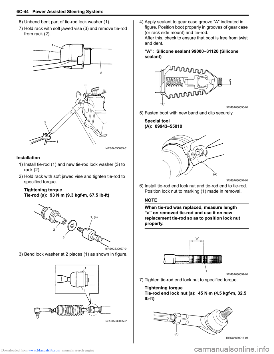 SUZUKI SWIFT 2005 2.G Service Owners Manual Downloaded from www.Manualslib.com manuals search engine 6C-44 Power Assisted Steering System:
6) Unbend bent part of tie-rod lock washer (1).
7) Hold rack with soft jawed vise (3) and remove tie-rod SUZUKI SWIFT 2005 2.G Service Owners Manual Downloaded from www.Manualslib.com manuals search engine 6C-44 Power Assisted Steering System:
6) Unbend bent part of tie-rod lock washer (1).
7) Hold rack with soft jawed vise (3) and remove tie-rod