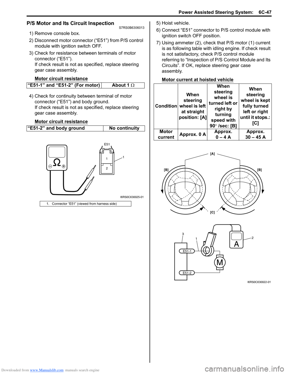 SUZUKI SWIFT 2006 2.G Service Workshop Manual Downloaded from www.Manualslib.com manuals search engine Power Assisted Steering System:  6C-47
P/S Motor and Its Circuit InspectionS7RS0B6306013
1) Remove console box.
2) Disconnect motor connector (