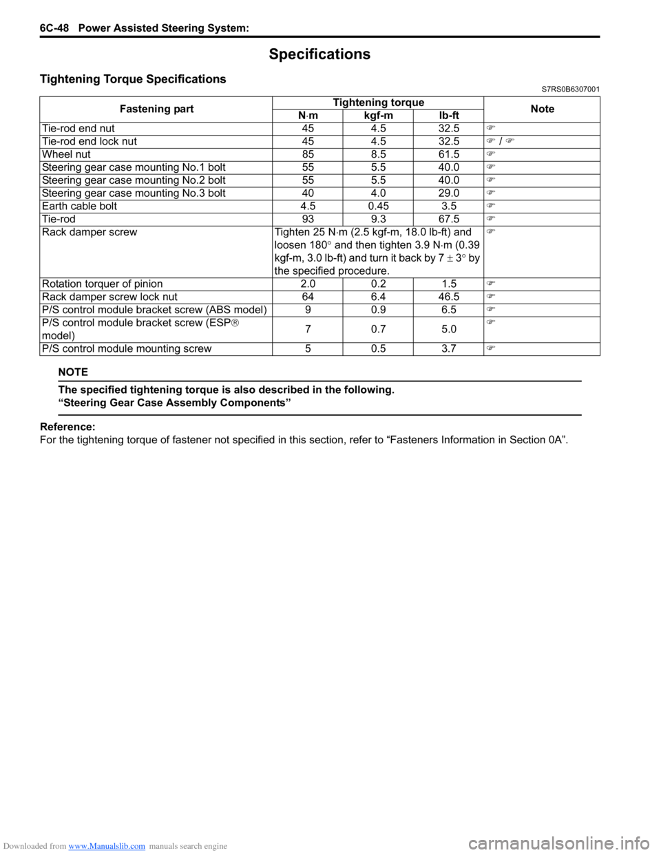 SUZUKI SWIFT 2007 2.G Service Workshop Manual Downloaded from www.Manualslib.com manuals search engine 6C-48 Power Assisted Steering System: 
Specifications
Tightening Torque SpecificationsS7RS0B6307001
NOTE
The specified tightening torque is als