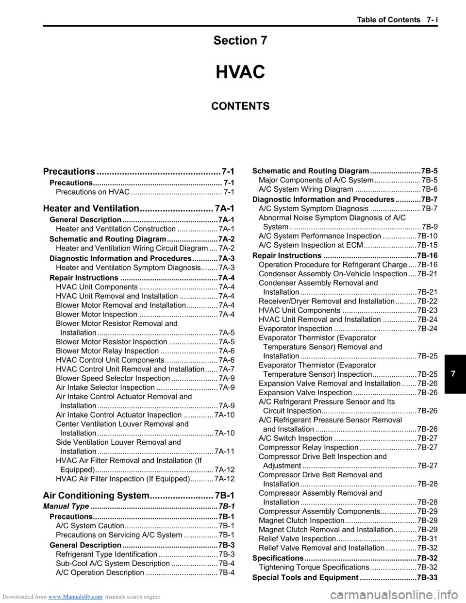 SUZUKI SWIFT 2007 2.G Service Manual PDF Downloaded from www.Manualslib.com manuals search engine Table of Contents 7- i
7
Section 7
CONTENTS
HVAC
Precautions ................................................. 7-1
Precautions.................