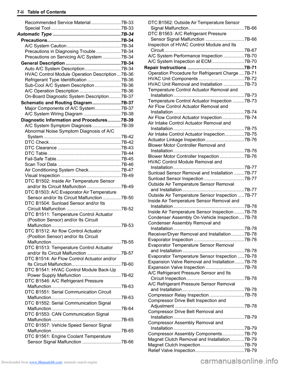 SUZUKI SWIFT 2005 2.G Service Workshop Manual Downloaded from www.Manualslib.com manuals search engine 7-ii Table of Contents
Recommended Service Material ....................... 7B-33
Special Tool ................................................