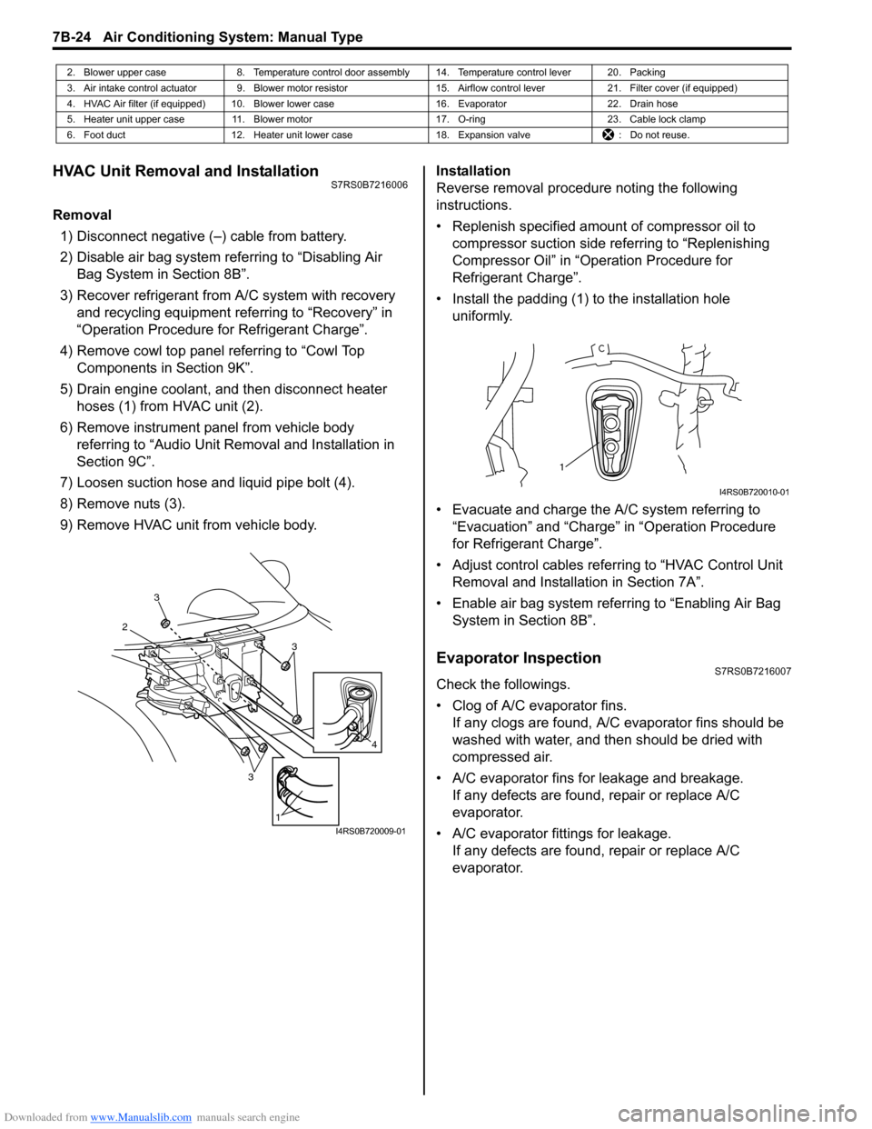 SUZUKI SWIFT 2006 2.G Service Workshop Manual Downloaded from www.Manualslib.com manuals search engine 7B-24 Air Conditioning System: Manual Type
HVAC Unit Removal and InstallationS7RS0B7216006
Removal1) Disconnect negative (–) cable from batte