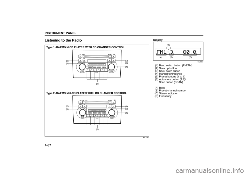 SUZUKI SX4 2008 1.G Owners Manual 4-37INSTRUMENT PANEL
80J21-03E
Listening to the Radio
80J062
(1)
(4)(6)
(2)
(3)
(5)
(5)
(1)
(4)(6)
(2)
(3)
Type 1 AM/FM/XM CD PLAYER WITH CD CHANGER CONTROL
Type 2 AM/FM/XM 6-CD PLAYER WITH CD CHANGER