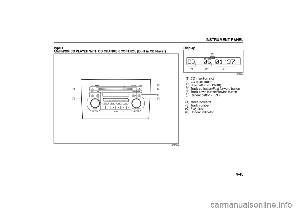 SUZUKI SX4 2008 1.G Owners Manual 4-40
INSTRUMENT PANEL
80J21-03E
Ty p e  1  
AM/FM/XM CD PLAYER WITH CD CHANGER CONTROL (Built in CD Player)
80J063
(3)(6)
(4)(2) (1)
(5)
Display
66J100
(1) CD insertion slot
(2) CD eject button
(3) Di