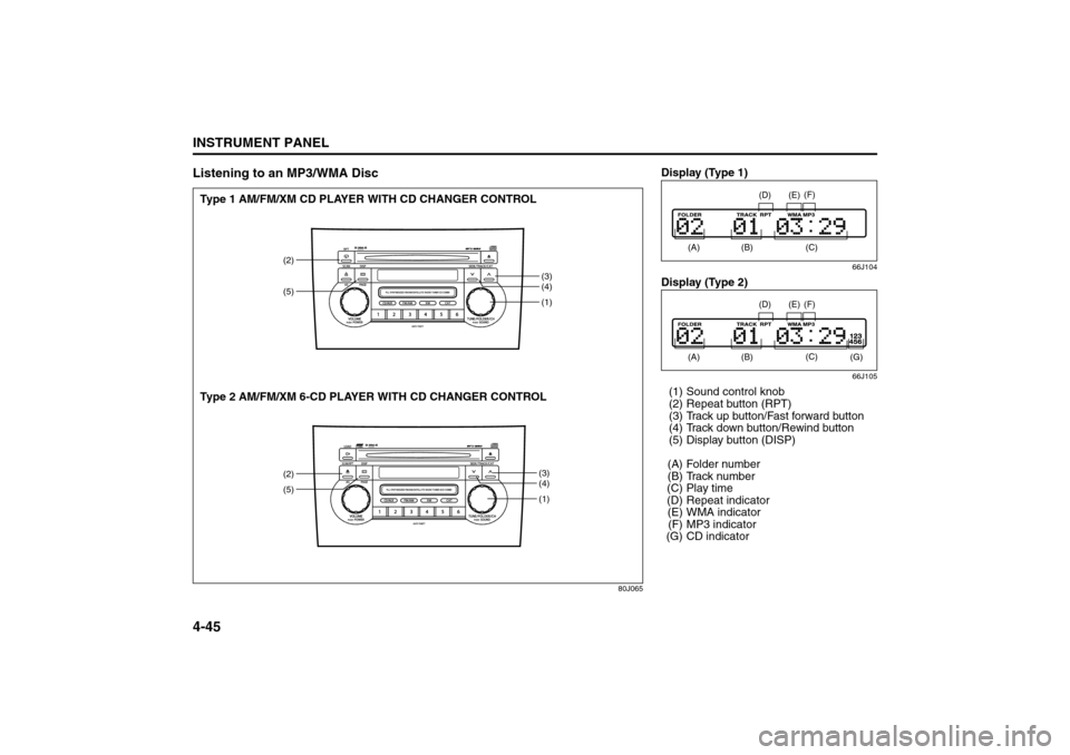 SUZUKI SX4 2008 1.G Owners Manual 4-45INSTRUMENT PANEL
80J21-03E
Listening to an MP3/WMA Disc
80J065
(1)
(2)
(3)
(4)(1)(3)
(4)
(5)(2)(5)
Type 1 AM/FM/XM CD PLAYER WITH CD CHANGER CONTROL
Type 2 AM/FM/XM 6-CD PLAYER WITH CD CHANGER CON SUZUKI SX4 2008 1.G Owners Manual 4-45INSTRUMENT PANEL
80J21-03E
Listening to an MP3/WMA Disc
80J065
(1)
(2)
(3)
(4)(1)(3)
(4)
(5)(2)(5)
Type 1 AM/FM/XM CD PLAYER WITH CD CHANGER CONTROL
Type 2 AM/FM/XM 6-CD PLAYER WITH CD CHANGER CON