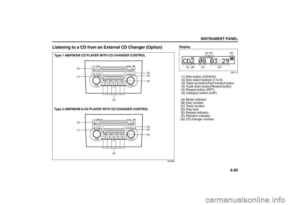SUZUKI SX4 2008 1.G Owners Manual 4-50
INSTRUMENT PANEL
80J21-03E
Listening to a CD from an External CD Changer (Option)
80J068
(6)
(5)
(1)
(3)
(4)
(1)
(2)(2)
(6)
(5)
(3)
(4)
Type 1 AM/FM/XM CD PLAYER WITH CD CHANGER CONTROL
Type 2 AM SUZUKI SX4 2008 1.G Owners Manual 4-50
INSTRUMENT PANEL
80J21-03E
Listening to a CD from an External CD Changer (Option)
80J068
(6)
(5)
(1)
(3)
(4)
(1)
(2)(2)
(6)
(5)
(3)
(4)
Type 1 AM/FM/XM CD PLAYER WITH CD CHANGER CONTROL
Type 2 AM