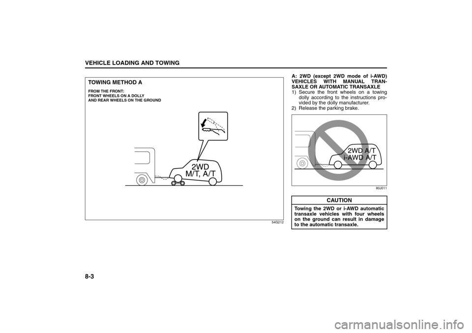 SUZUKI SX4 2008 1.G Owners Manual 8-3VEHICLE LOADING AND TOWING
80J21-03E
54G212
TOWING METHOD AFROM THE FRONT:
FRONT WHEELS ON A DOLLY 
AND REAR WHEELS ON THE GROUND
A: 2WD (except 2WD mode of i-AWD)
VEHICLES WITH MANUAL TRAN-
SAXLE 