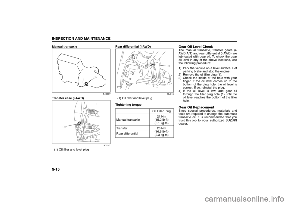 SUZUKI SX4 2008 1.G User Guide 9-15INSPECTION AND MAINTENANCE
80J21-03E
Manual transaxle
54G097
Transfer case (i-AWD)
80J007
(1) Oil filler and level plugRear differential (i-AWD)
80J015
(1) Oil filler and level plug
Tightening tor