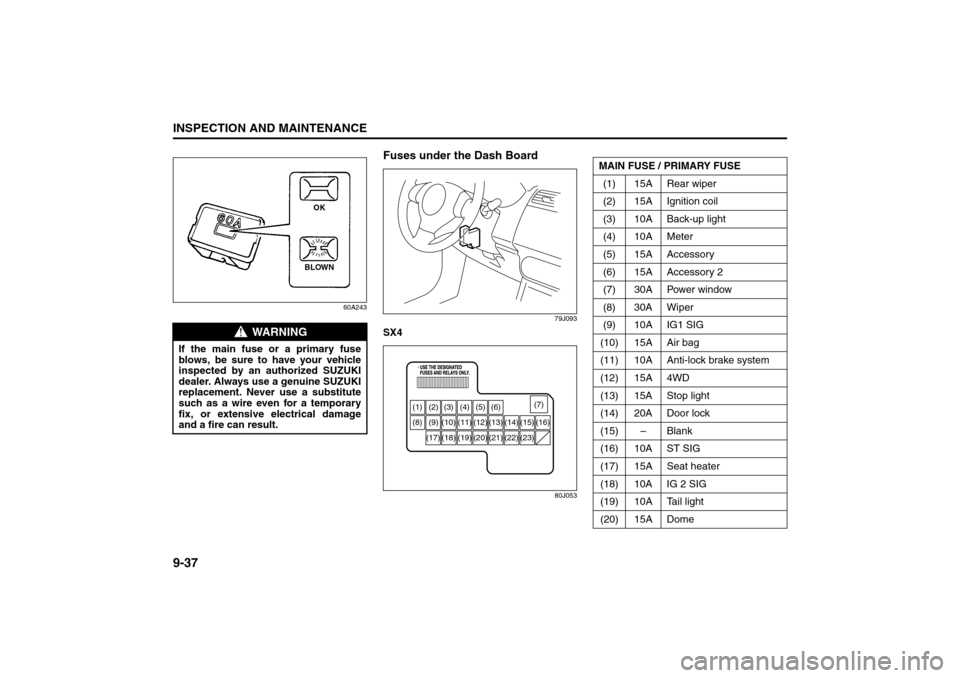 SUZUKI SX4 2008 1.G Service Manual 9-37INSPECTION AND MAINTENANCE
80J21-03E
60A243
Fuses under the Dash Board
79J093
SX4
80J053
WARNING
If the main fuse or a primary fuse
blows, be sure to have your vehicle
inspected by an authorized S