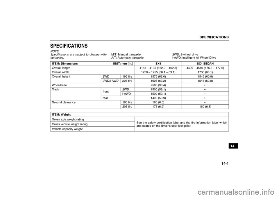 SUZUKI SX4 2008 1.G Owners Manual 14-1
SPECIFICATIONS
80J21-03E
14
SPECIFICATIONSNOTE:
Specifications are subject to change with-
out notice.M/T: Manual transaxle
A/T: Automatic transaxle2WD: 2-wheel drive
i-AWD: intelligent All Wheel