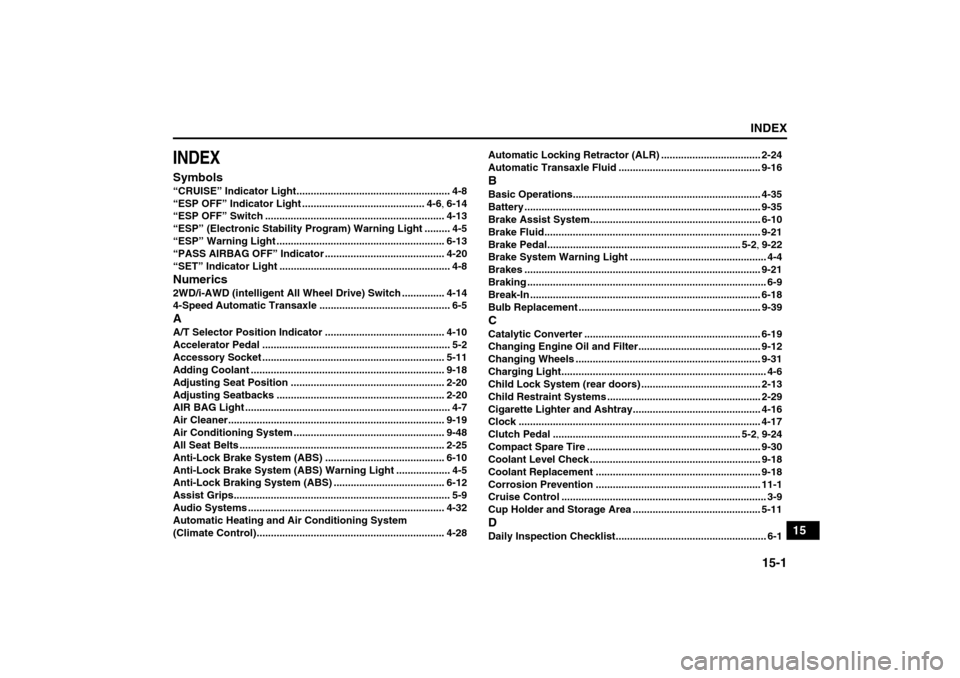 SUZUKI SX4 2008 1.G Owners Manual 15-1
INDEX
15
80J21-03E
INDEXSymbols“CRUISE” Indicator Light...................................................... 4-8
“ESP OFF” Indicator Light ........................................... 4-6 SUZUKI SX4 2008 1.G Owners Manual 15-1
INDEX
15
80J21-03E
INDEXSymbols“CRUISE” Indicator Light...................................................... 4-8
“ESP OFF” Indicator Light ........................................... 4-6
