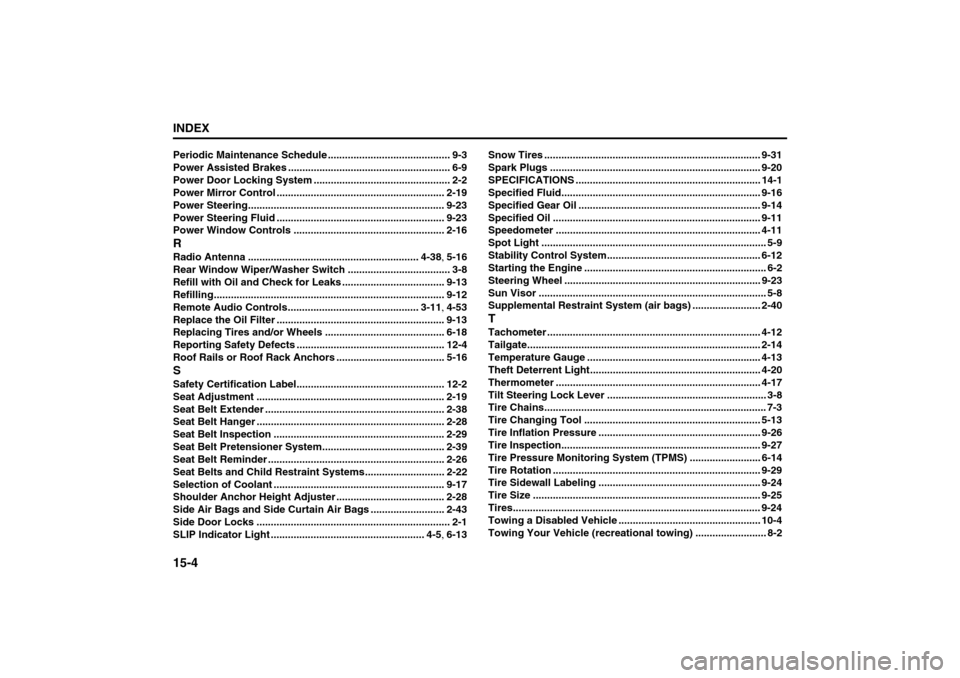 SUZUKI SX4 2008 1.G Owners Manual 15-4INDEX
80J21-03E
Periodic Maintenance Schedule ........................................... 9-3
Power Assisted Brakes ......................................................... 6-9
Power Door Locking SUZUKI SX4 2008 1.G Owners Manual 15-4INDEX
80J21-03E
Periodic Maintenance Schedule ........................................... 9-3
Power Assisted Brakes ......................................................... 6-9
Power Door Locking