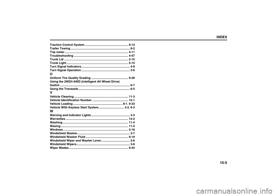 SUZUKI SX4 2008 1.G Service Manual 15-5
INDEX80J21-03E
Traction Control System ..................................................... 6-12
Trailer Towing ........................................................................ 8-2
Trip 