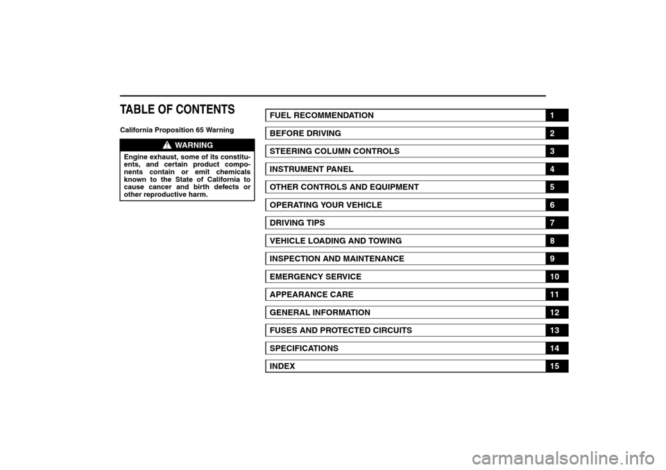 SUZUKI SX4 2008 1.G Owners Manual 80J21-03E
TABLE OF CONTENTSCalifornia Proposition 65 Warning
WARNING
Engine exhaust, some of its constitu-
ents, and certain product compo-
nents contain or emit chemicals
known to the State of Califo