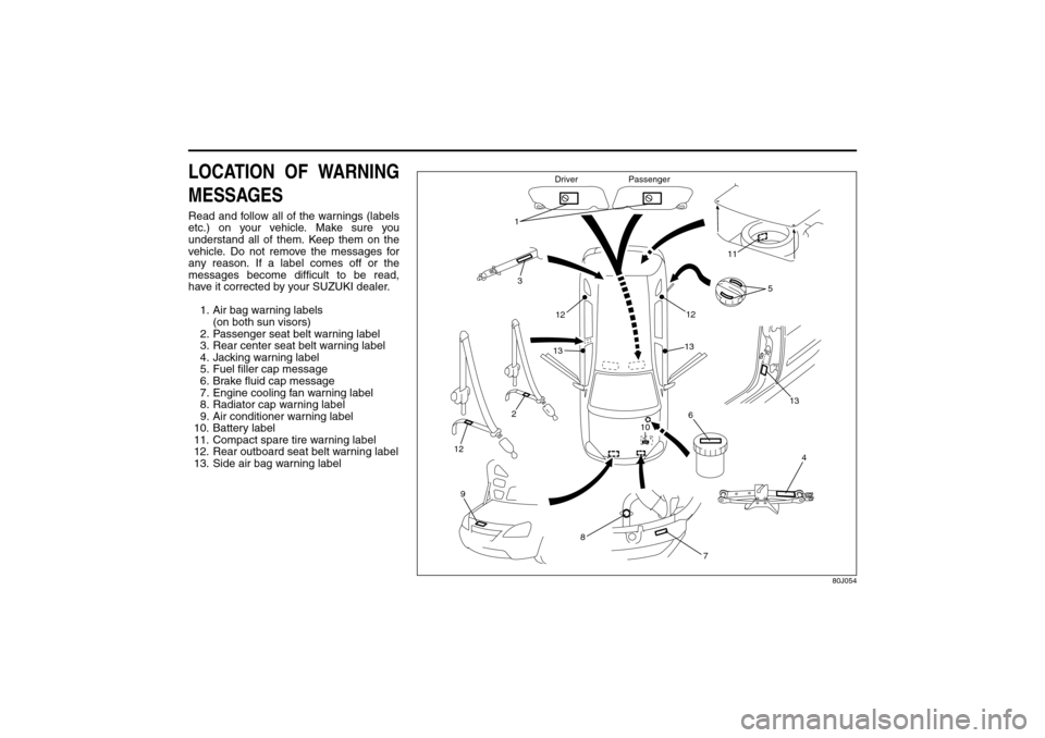 SUZUKI SX4 2008 1.G Owners Manual 80J21-03E
LOCATION OF WARNING
MESSAGESRead and follow all of the warnings (labels
etc.) on your vehicle. Make sure you
understand all of them. Keep them on the
vehicle. Do not remove the messages for
