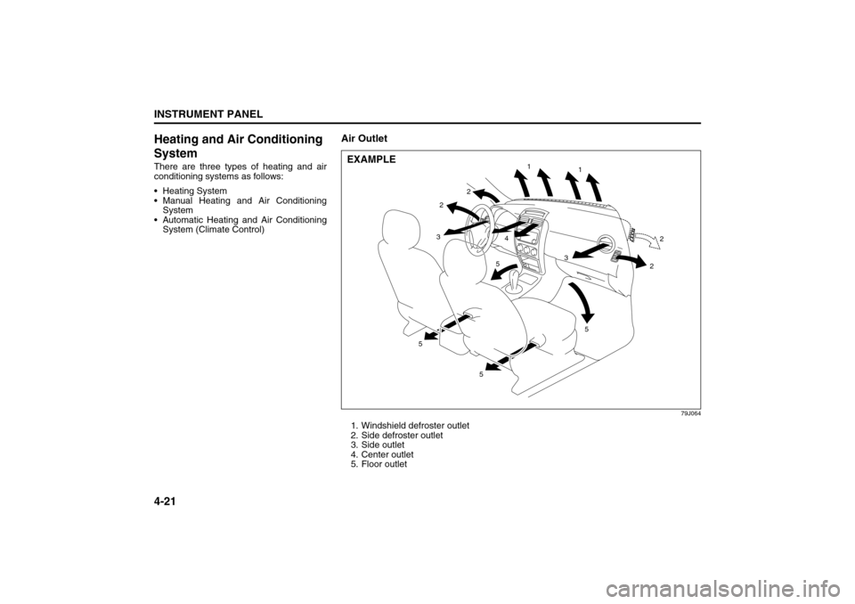 SUZUKI SX4 2008 1.G Owners Manual 4-21INSTRUMENT PANEL
80J21-03E
Heating and Air Conditioning 
SystemThere are three types of heating and air
conditioning systems as follows:
 Heating System
 Manual Heating and Air Conditioning
Syst