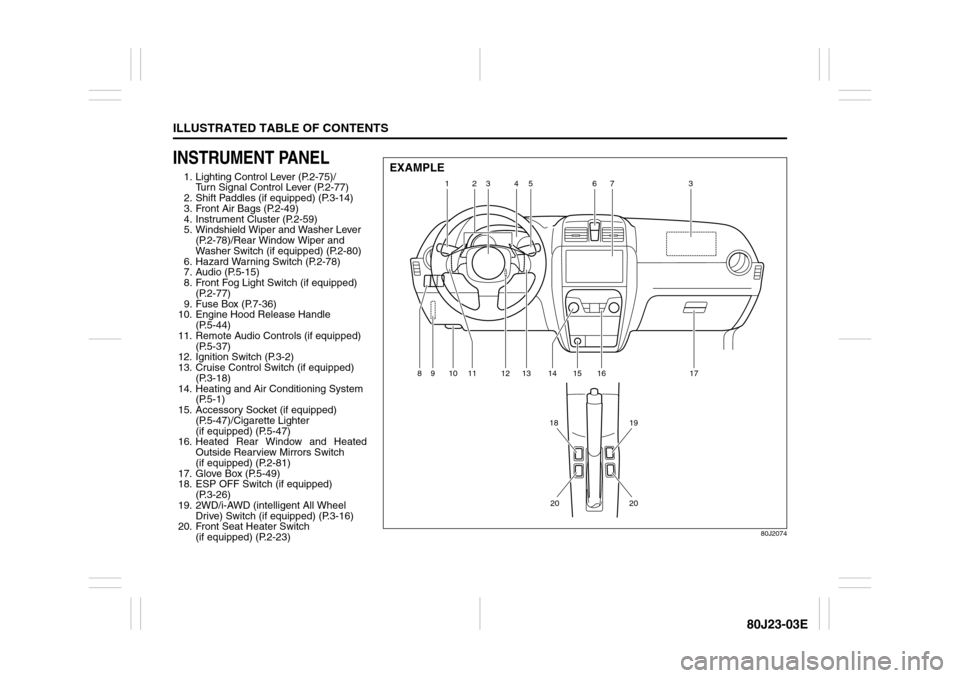 SUZUKI SX4 2010 1.G User Guide ILLUSTRATED TABLE OF CONTENTS
80J23-03E
INSTRUMENT PANEL1. Lighting Control Lever (P.2-75)/
Turn Signal Control Lever (P.2-77)
2. Shift Paddles (if equipped) (P.3-14)
3. Front Air Bags (P.2-49)
4. Ins