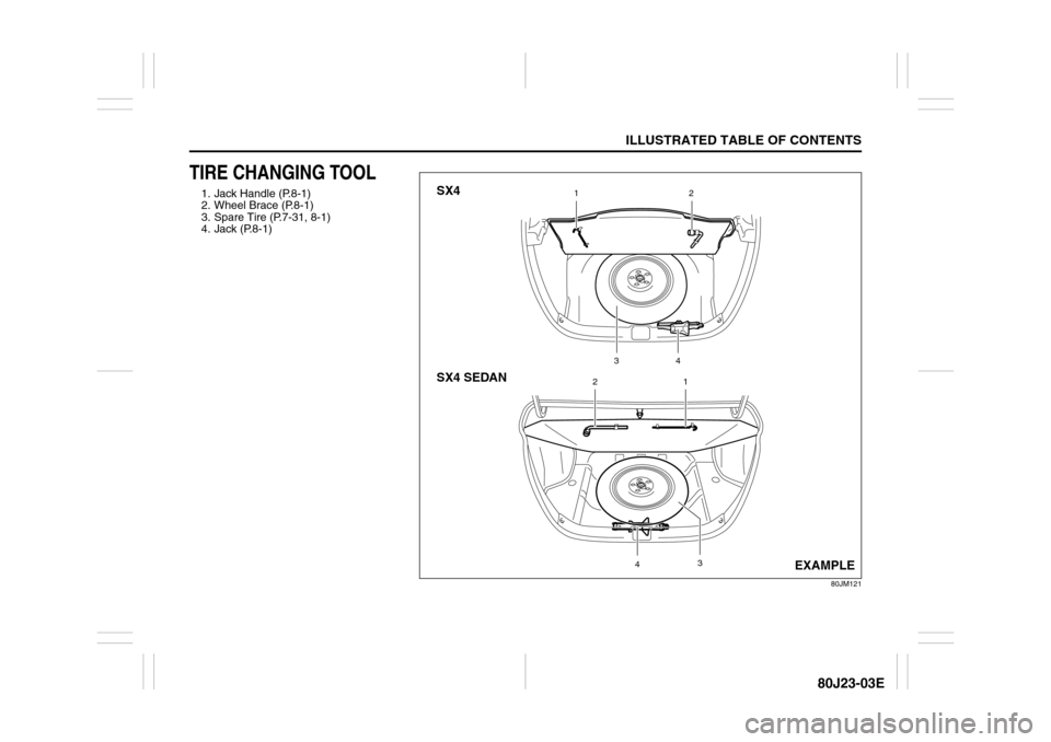 SUZUKI SX4 2010 1.G User Guide ILLUSTRATED TABLE OF CONTENTS
80J23-03E
TIRE CHANGING TOOL1. Jack Handle (P.8-1)
2. Wheel Brace (P.8-1)
3. Spare Tire (P.7-31, 8-1)
4. Jack (P.8-1)
80JM121
12
21
SX4
SX4 SEDAN
34
43
EXAMPLE 