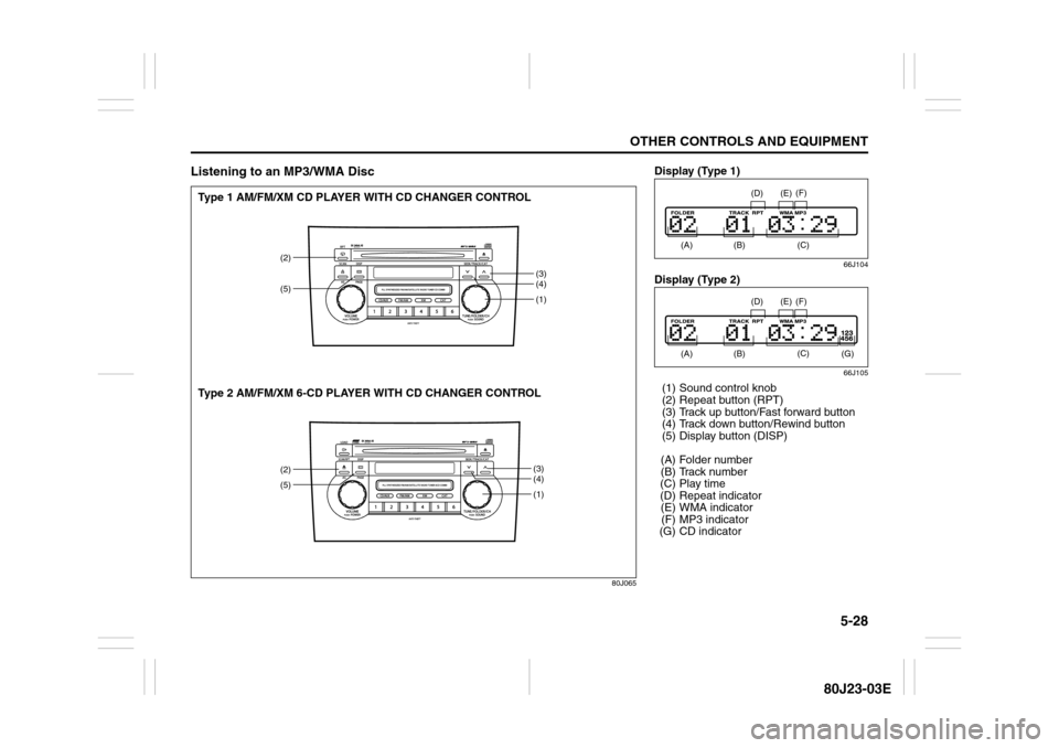 SUZUKI SX4 2010 1.G Owners Manual 5-28
OTHER CONTROLS AND EQUIPMENT
80J23-03E
Listening to an MP3/WMA Disc
80J065
(1)
(2)
(3)
(4)(1)(3)
(4)
(5)(2)(5)
Type 1 AM/FM/XM CD PLAYER WITH CD CHANGER CONTROL
Type 2 AM/FM/XM 6-CD PLAYER WITH C