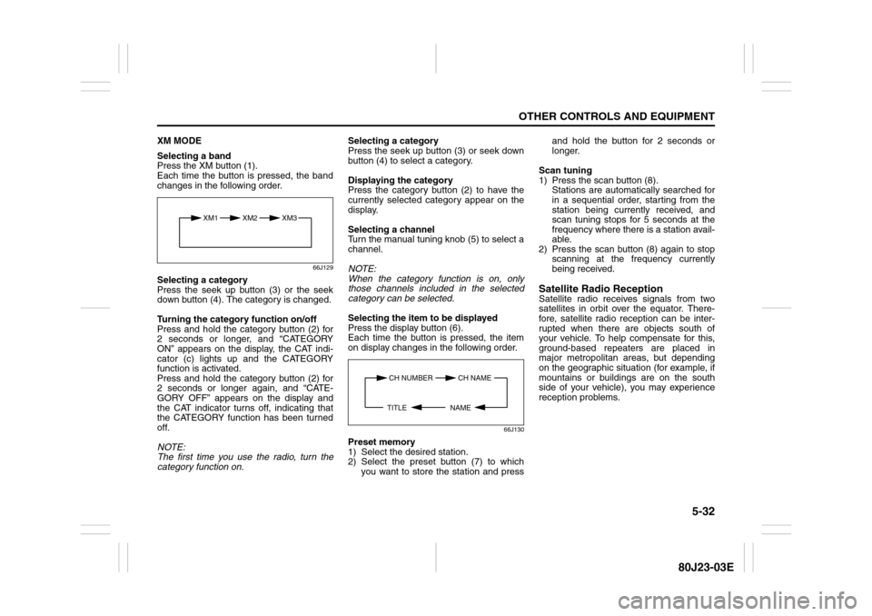 SUZUKI SX4 2010 1.G Owners Manual 5-32
OTHER CONTROLS AND EQUIPMENT
80J23-03E
XM MODE
Selecting a band
Press the XM button (1).
Each time the button is pressed, the band
changes in the following order.
66J129
Selecting a category
Pres