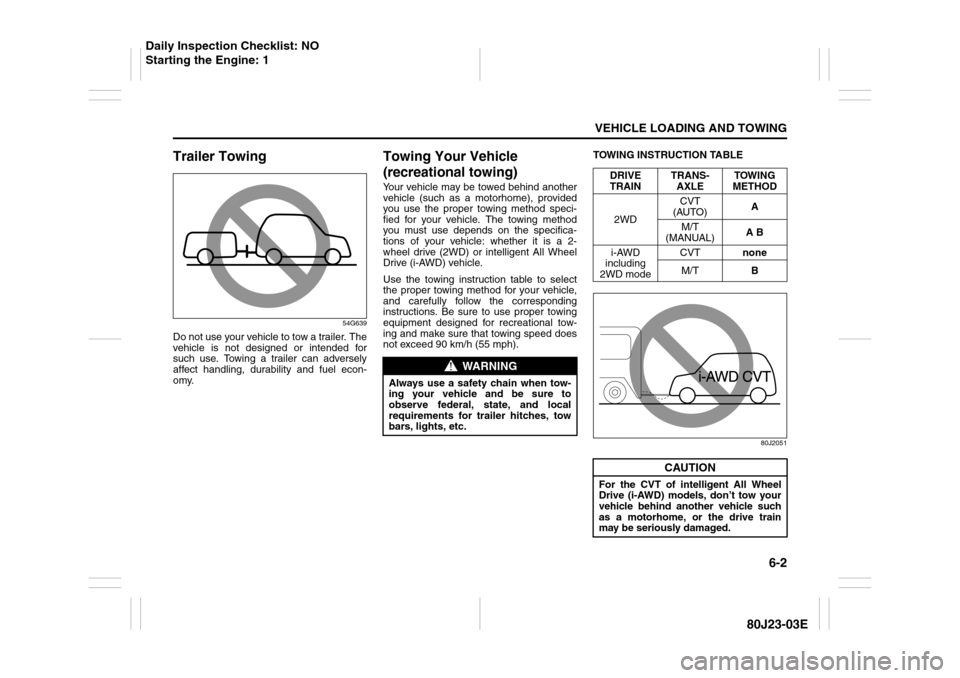 SUZUKI SX4 2010 1.G Owners Manual 6-2
VEHICLE LOADING AND TOWING
80J23-03E
Trailer Towing
54G639
Do not use your vehicle to tow a trailer. The
vehicle is not designed or intended for
such use. Towing a trailer can adversely
affect han