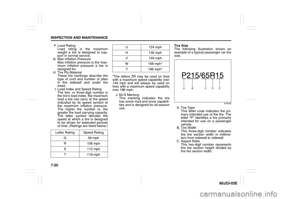 SUZUKI SX4 2010 1.G Owners Manual 7-25INSPECTION AND MAINTENANCE
80J23-03E
F. Load Rating 
Load rating is the maximum
weight a tire is designed to sup-
port in normal service.
G. Max Inflation Pressure 
Max inflation pressure is the m