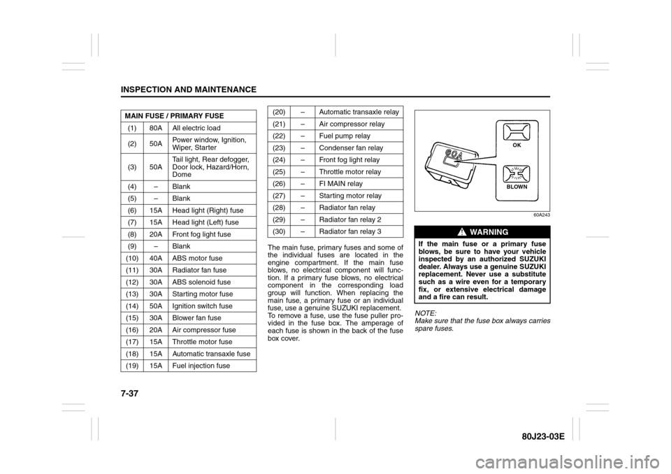 SUZUKI SX4 2010 1.G Owners Manual 7-37INSPECTION AND MAINTENANCE
80J23-03E
The main fuse, primary fuses and some of
the individual fuses are located in the
engine compartment. If the main fuse
blows, no electrical component will func- SUZUKI SX4 2010 1.G Owners Manual 7-37INSPECTION AND MAINTENANCE
80J23-03E
The main fuse, primary fuses and some of
the individual fuses are located in the
engine compartment. If the main fuse
blows, no electrical component will func-