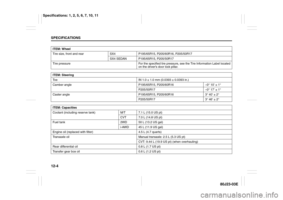 SUZUKI SX4 2010 1.G Owners Manual 12-4SPECIFICATIONS
80J23-03E
ITEM: Wheel
Tire size, front and rear SX4 P195/65R15, P205/60R16, P205/50R17
SX4 SEDAN P195/65R15, P205/50R17
Tire pressure For the specified tire pressure, see the Tire I
