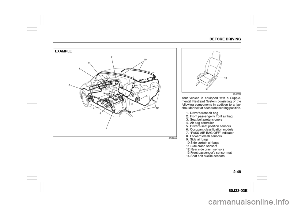 SUZUKI SX4 2010 1.G Owners Manual 2-48
BEFORE DRIVING
80J23-03E
80J2085
1
7
2
10
9
9
6
3
11
12
4
14
11
5
3
8
8
EXAMPLE
80J2086
Your vehicle is equipped with a Supple-
mental Restraint System consisting of the
following components in a