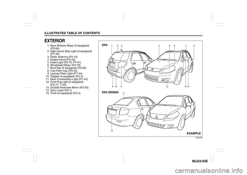 SUZUKI SX4 2010 1.G Owners Manual ILLUSTRATED TABLE OF CONTENTS
80J23-03E
EXTERIOR1. Rear Window Wiper (if equipped)
(P.2-80)
2. High-mount Stop Light (if equipped)
(P.7-45)
3. Radio Antenna (P.5-15)
4. Engine Hood (P.5-44)
5. Head SUZUKI SX4 2010 1.G Owners Manual ILLUSTRATED TABLE OF CONTENTS
80J23-03E
EXTERIOR1. Rear Window Wiper (if equipped)
(P.2-80)
2. High-mount Stop Light (if equipped)
(P.7-45)
3. Radio Antenna (P.5-15)
4. Engine Hood (P.5-44)
5. Head