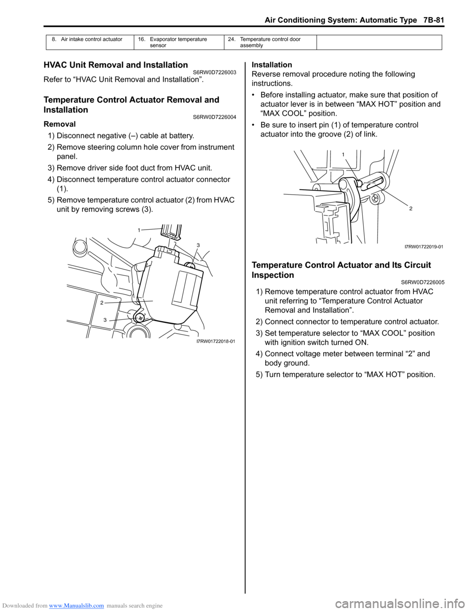 SUZUKI SX4 2006 1.G Service Workshop Manual Downloaded from www.Manualslib.com manuals search engine Air Conditioning System: Automatic Type 7B-81
HVAC Unit Removal and InstallationS6RW0D7226003
Refer to “HVAC Unit Removal and Installation” SUZUKI SX4 2006 1.G Service Workshop Manual Downloaded from www.Manualslib.com manuals search engine Air Conditioning System: Automatic Type 7B-81
HVAC Unit Removal and InstallationS6RW0D7226003
Refer to “HVAC Unit Removal and Installation”