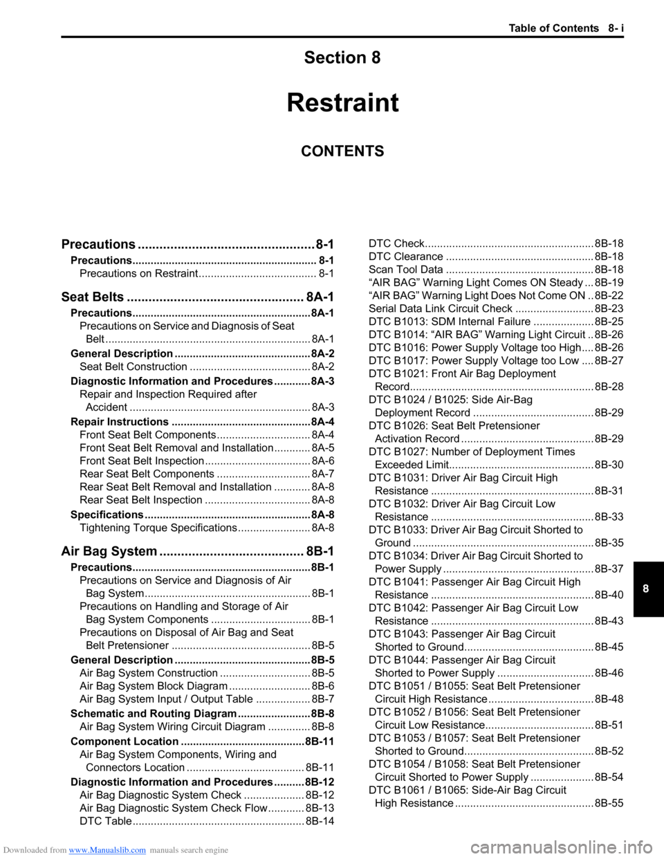 SUZUKI SX4 2006 1.G Service User Guide Downloaded from www.Manualslib.com manuals search engine Table of Contents 8- i
8
Section 8
CONTENTS
Restraint
Precautions ................................................. 8-1
Precautions............