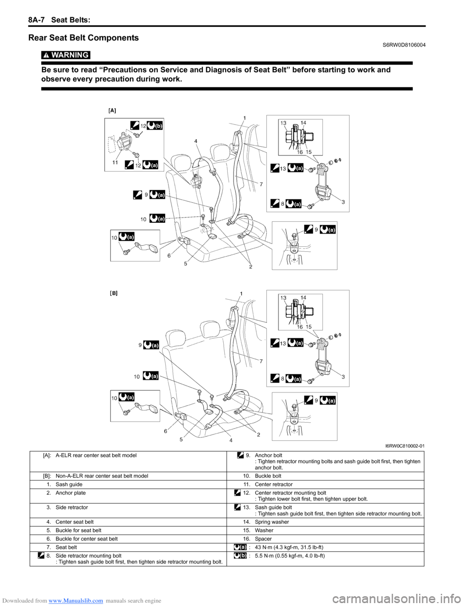 SUZUKI SX4 2006 1.G Service Workshop Manual Downloaded from www.Manualslib.com manuals search engine 8A-7 Seat Belts:
Rear Seat Belt ComponentsS6RW0D8106004
WARNING!
Be sure to read “Precautions on Service and Diagnosis of Seat Belt” befo SUZUKI SX4 2006 1.G Service Workshop Manual Downloaded from www.Manualslib.com manuals search engine 8A-7 Seat Belts:
Rear Seat Belt ComponentsS6RW0D8106004
WARNING!
Be sure to read “Precautions on Service and Diagnosis of Seat Belt” befo