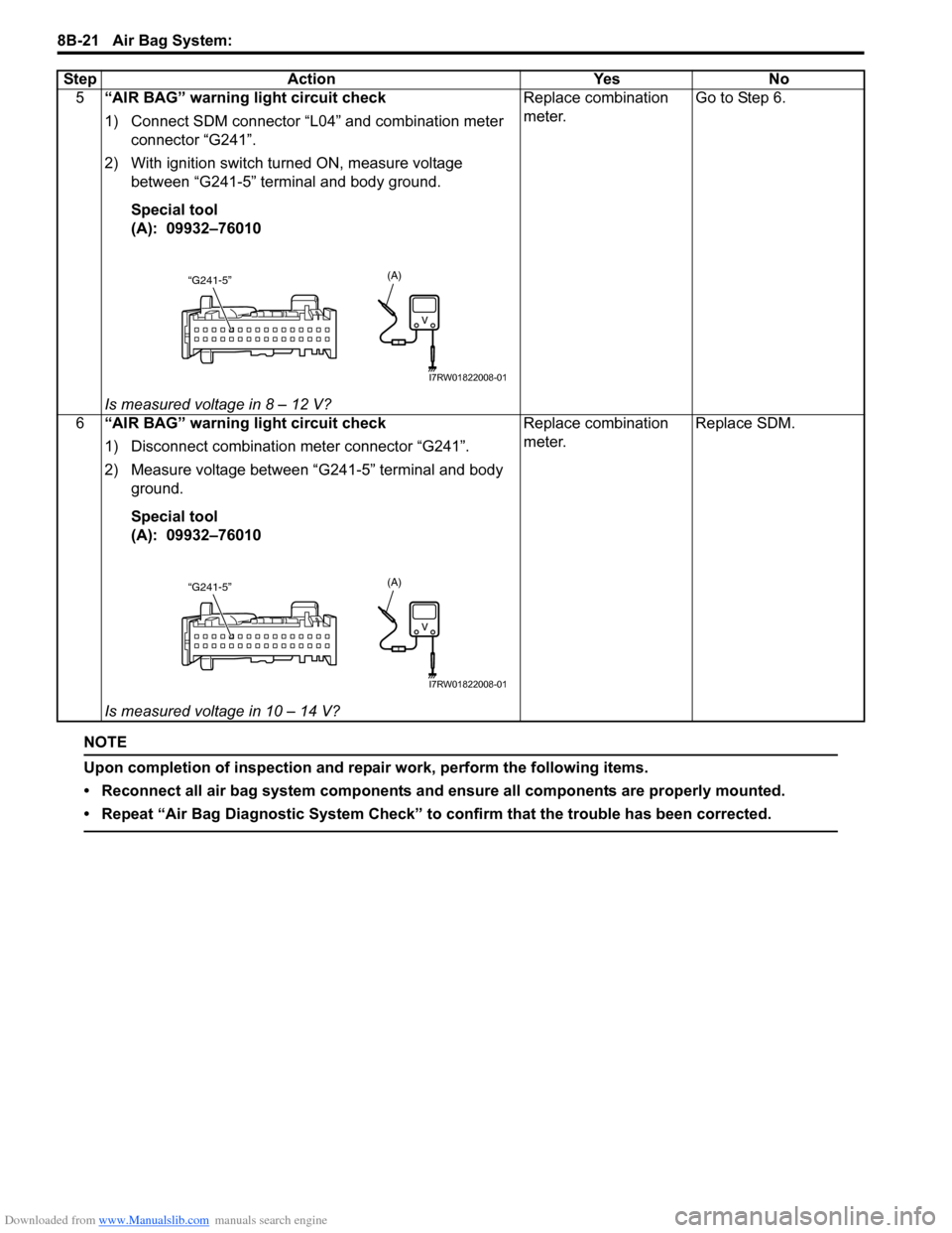 SUZUKI SX4 2006 1.G Service Workshop Manual Downloaded from www.Manualslib.com manuals search engine 8B-21 Air Bag System: 
NOTE
Upon completion of inspection and repair work, perform the following items.
• Reconnect all air bag system compon